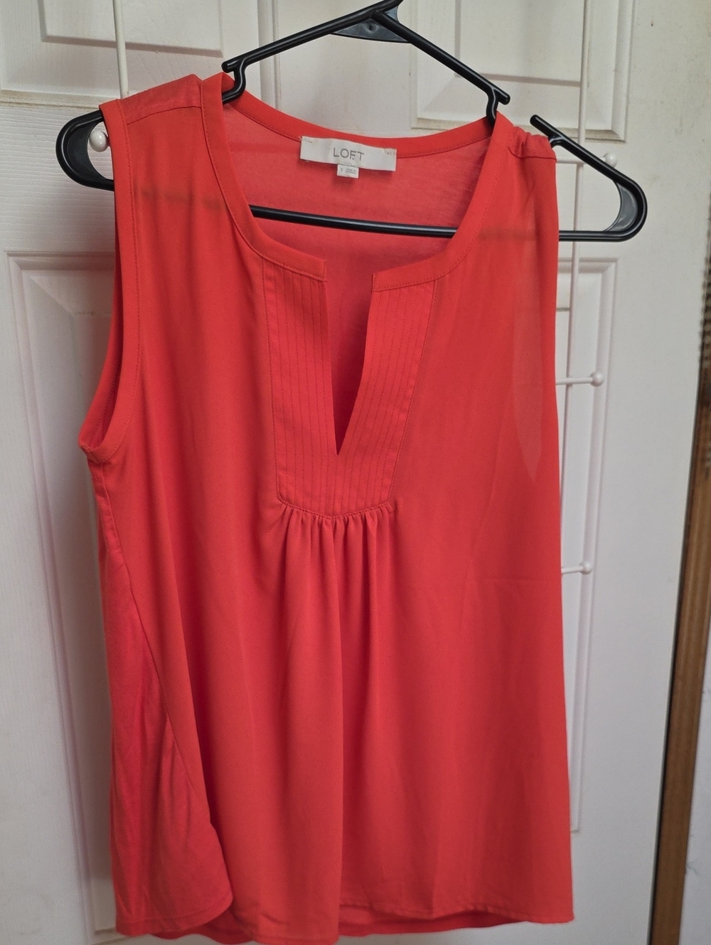 LOFT Coral-Red Sleeveless Split V Pintuck Tank